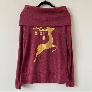 Off-Shoulder Reindeer Gold Christmas Sweater